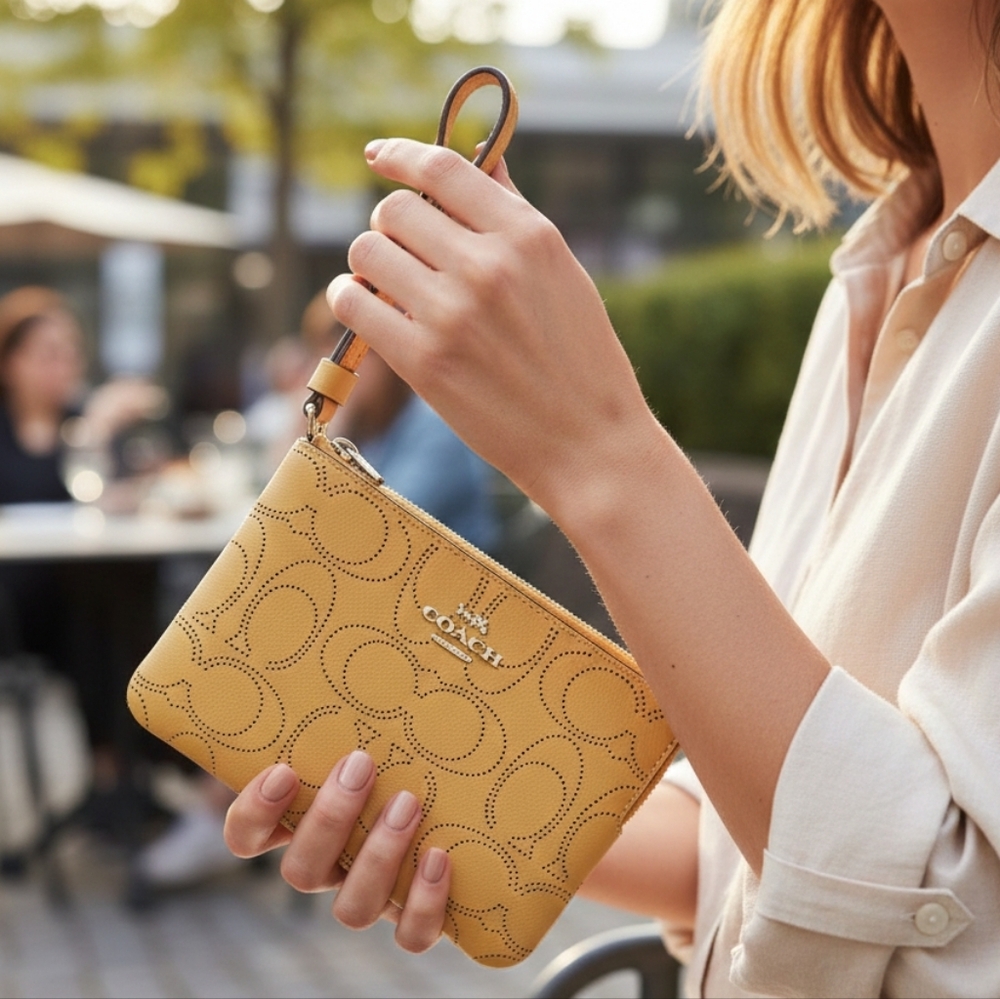 Coach Perforated Signature C Zip Around Wristlet Style 2961 Mustard Yellow